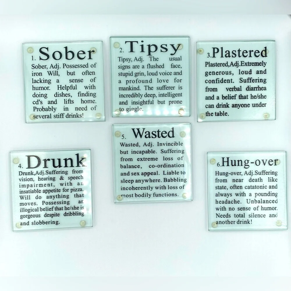 Glass Coasters W/Rubber Feet Stage Of Drinking Quotes Set Of 6